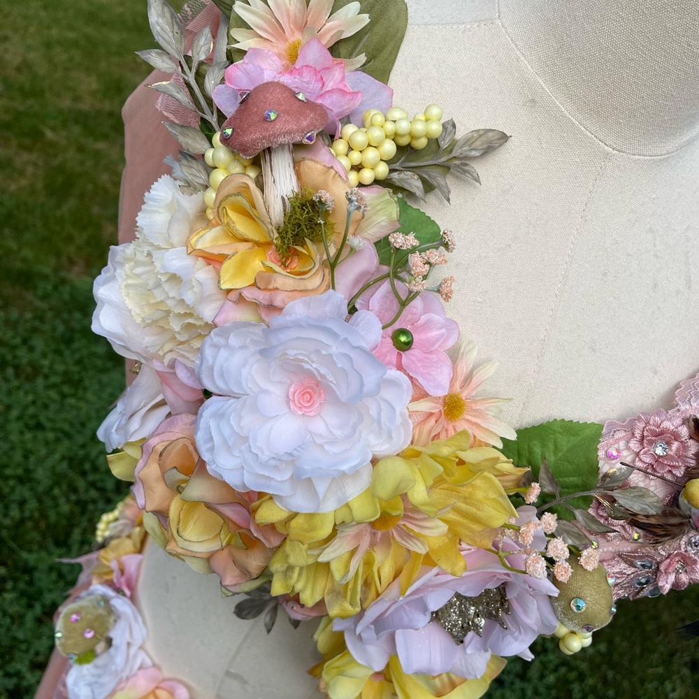 Floral Embellished Pink and Yellow Rose Fairy Monokini Dress Costume - Picture 6 of 8